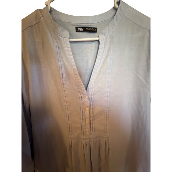 Zara Blue Cotton Button-Front Tunic Dress With 3/4 Sleeves For Women Size S - Picture 2 of 5